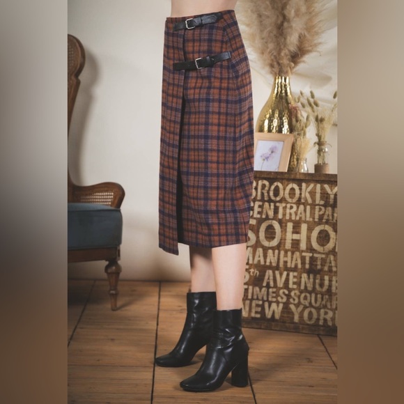 Plaid Wool Wrap Midi Skirt - Picture 2 of 5